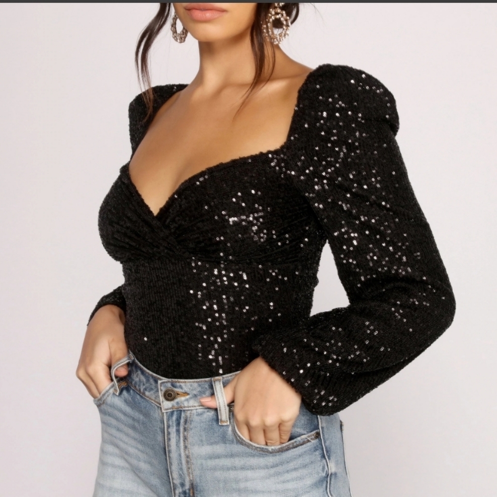 Windsor sequin puff sleeve bodysuit